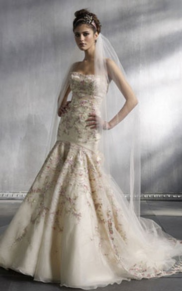 Gorgeous Strapless Floor Length Dress With Floral Embroidery