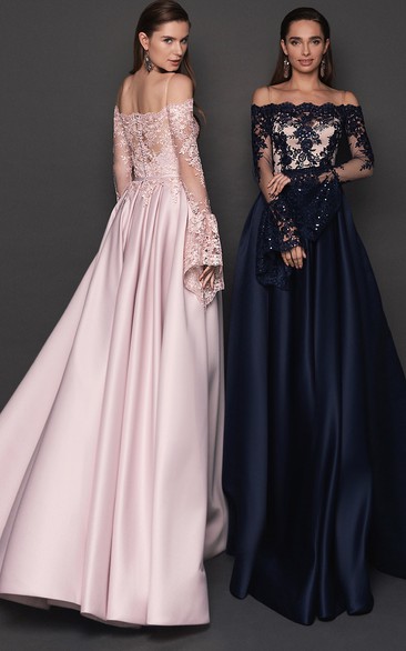 Modern Floor-length Long Sleeve Satin A Line Button Prom Dress with Ruching