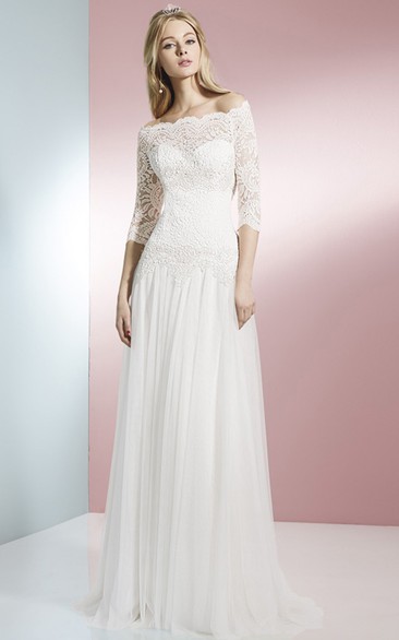 Sheath 3-4 Sleeve Off-The-Shoulder Lace Tulle Modest Wedding Dress With Brush Train