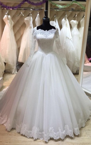 Long Sleeve Lace and Tulle Ball Gown With Illusion Back