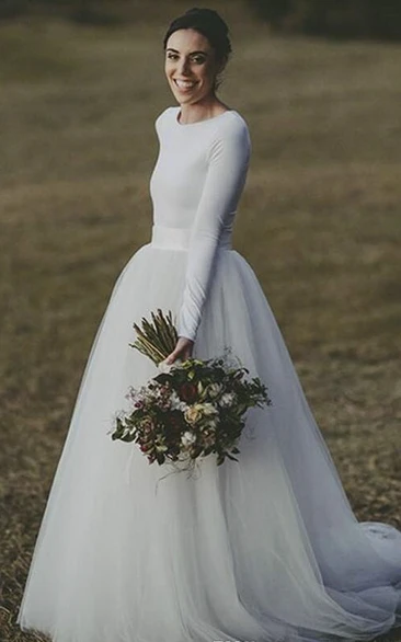 Modest Jersey Long Sleeve Elegant Fitted Tulle Wedding Gown