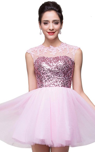 Cute Pink Sequins Sleeveless Homecoming Dress Tulle Short