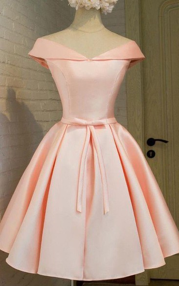 Ball Gown Short Sleeve Satin Off-the-shoulder V-neck Lace-up Tea-length Homecoming Dress