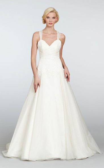 Glamorous Draped Lace Bodice a Line Gown With Crisscross Back and Bow Detail
