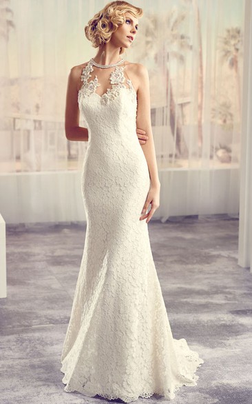 High Neck Long Appliqued Lace Wedding Dress With Court Train And Keyhole