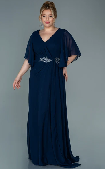 Empire Chiffon V-neck Bat Sleeve Empire Ruched Plus Size Mother of Bride Dress