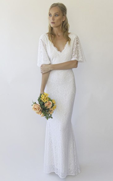 V-back Illusion Half Bell Sleeve V-neck Floor-length Mermaid Lace Wedding Dress