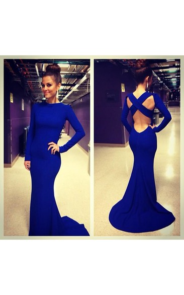 Sexy De Soiree Robe Mermaid Evening Dress High Neck Criss Cross Backless Royal Blue Prom Dresses With Long Sleeve