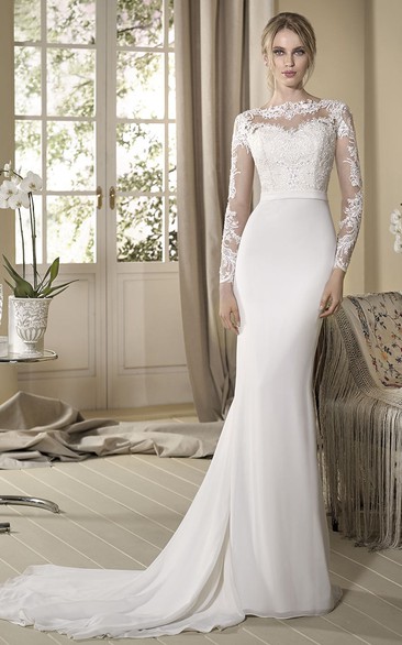 Sheath Appliqued Floor-Length Long-Sleeve Jewel-Neck Jersey & Lace Modest Wedding Dress