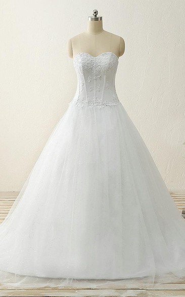 A-Line Ball Gown Floor-Length Straps Sweetheart Beading Appliques Sweep Train Corset Back Straps Tulle Lace Satin Dress