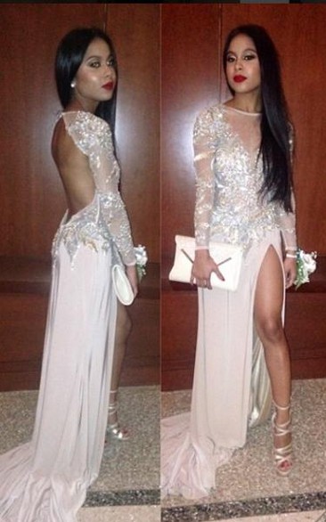 Long Sleeves Prom Dresses Pink Thigh-High Slit Sequined Backless Sexy Evening Gowns