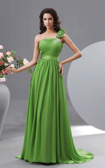 Graceful Floral One-Shoulder Chiffon A-Line Gown Has Crystal Details