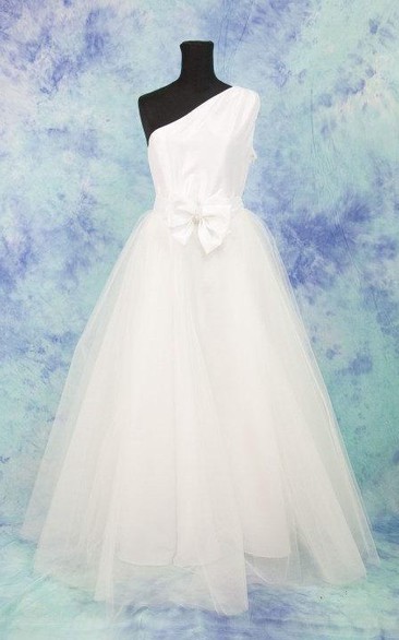 Elegant A-Line Tulle One-Shoulder Long Dress With Flowers