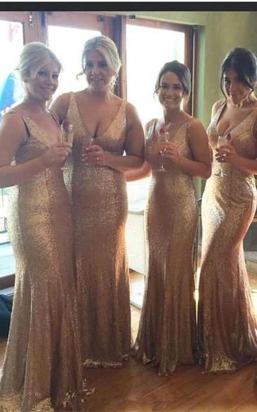 Stunnning V-Neck Sequins Gold Champagne Bridesmaid Dresses Plus Size Long Floor Length