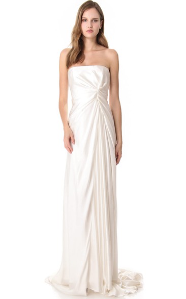 Long Strapless Empire Satin Dress With Deep-V Back Style