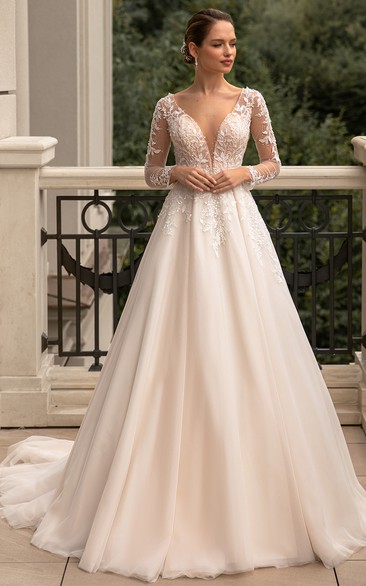 Simple Tulle A Line Plunging Neckline Wedding Dress with Beading and Train