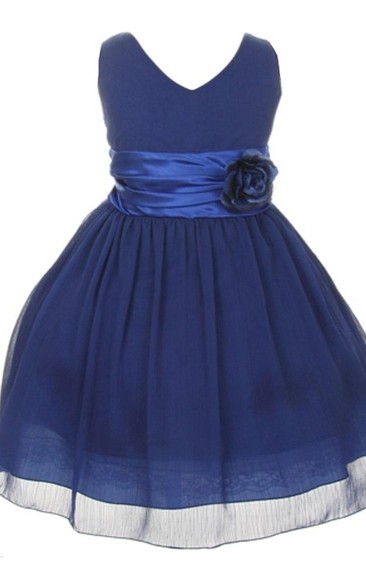 Sleeveless V-neck A-line Pleated Dress With Flower