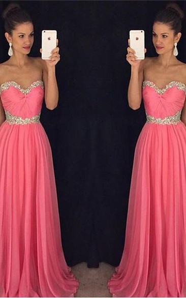 Newest Chiffon Pink Beadings A-line Evening Dress Sweetheart Sleeveless