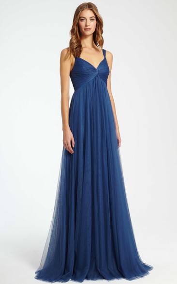 Empire Sleeveless Strapped Ruched Tulle Bridesmaid Dress With Pleats