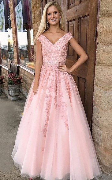 Tulle Floor-length A Line Sleeveless Adorable Formal Dress with Appliques
