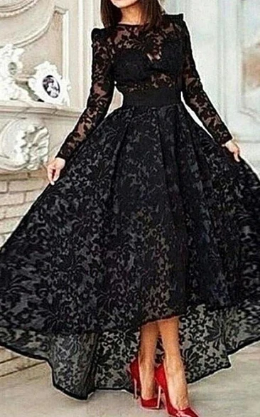 Elegant Jewel Long Sleeve Black Prom Dress With Lace