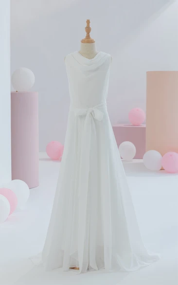 White First Communion Cowl-neck Sleeveless Floor-length Flowergirl Dress