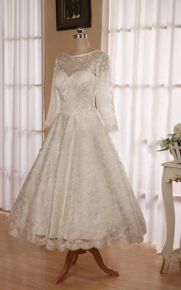 Jewel 3 4 Length Sleeve Low V Back Tea Length Lace Short Wedding Dress