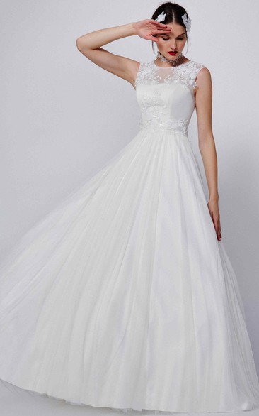 A-Line Scoop-Neck Sleeveless Floor-Length Appliqued Tulle&Satin Wedding Dress With Embroidery
