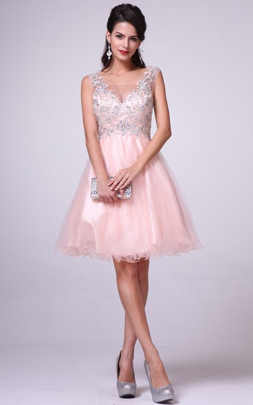 A-Line Long Bateau Sleeveless Tulle Satin Illusion Dress With Beading And Ruffles