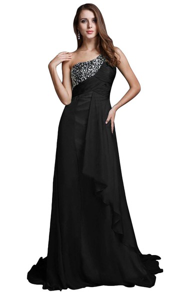 One-shoulder A-line Ruffled Sequined Chiffon Dress