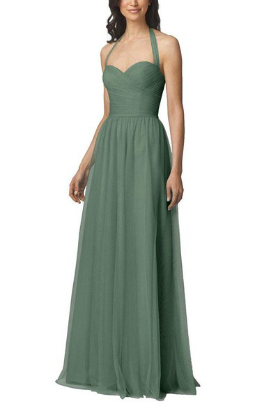 Halter Tulle Long Bridesmaid Dress with Ruching