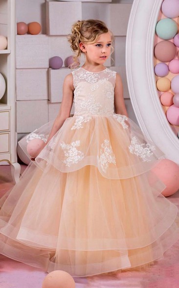 Flower Girl Jewel Neck Layered Organza Ball Gown With Lace Top