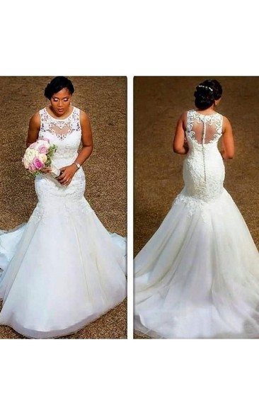 Elegant Sheer Neck Appliques Lace Plus Size Illusion Back Mermaid Wedding Dress