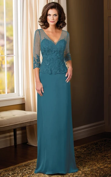 Sheath Appliqued Illusion-Sleeve V-Neck Floor-Length Chiffon Mother Of The Bride Dress With Waist Jewellery