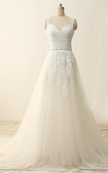 A-Line Tea-Length Straps Sweetheart V-Neck Sleeveless Beading Appliques Sweep Train Straps Tulle Lace Sequins Satin Dress