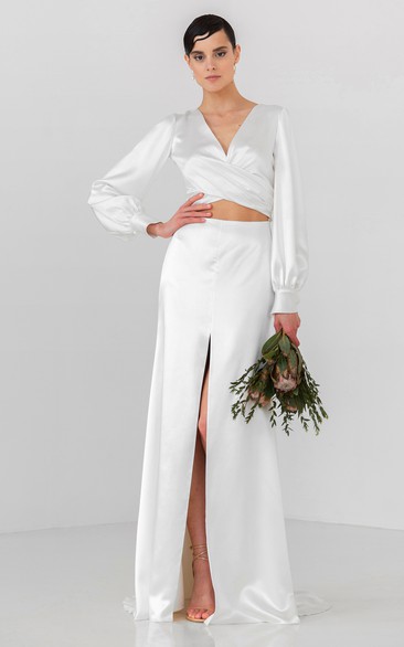 Modern A Line Satin V-neck Wedding Dress with Split Front
