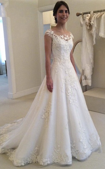 Lace Adorable Bateau Wedding Dress With Illusion Button Back And Cap Sleeves