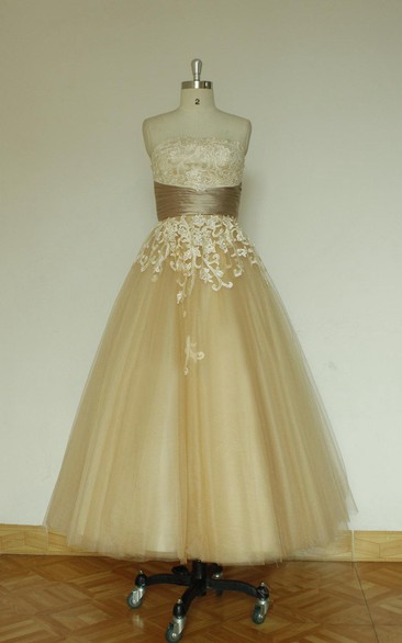 Tulle A-Line Strapless Dress With Lace Bodice and Cinched Waistband