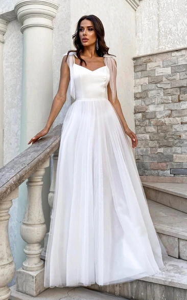 V-neck Spaghetti Satin Tulle Simple And Cute Wedding Dress With Bows On Shoulder