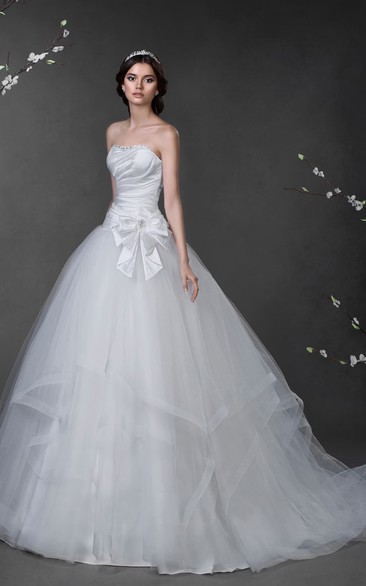 Ball Gown Floor-Length Strapless Sleeveless Corset-Back Tulle Dress With Beading And Draping