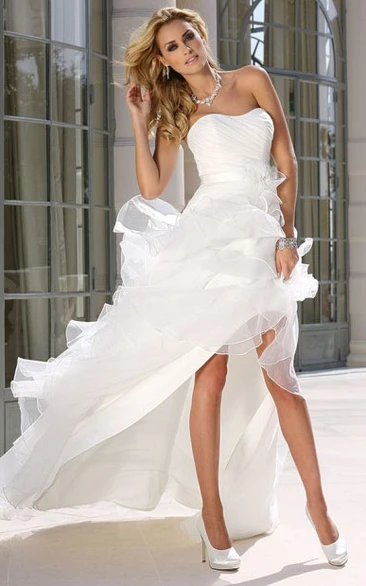 Strapless Asymmetrical Ruffled Satin Short Wedding Dress With Ruching