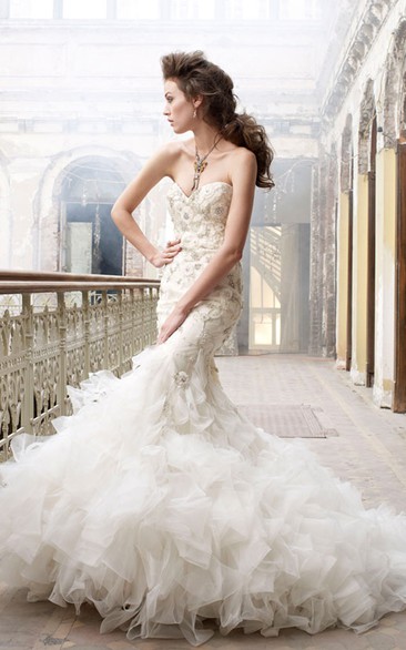 Exquisite Organza Ruffle Trumpet Dress With Beaded Embroidery