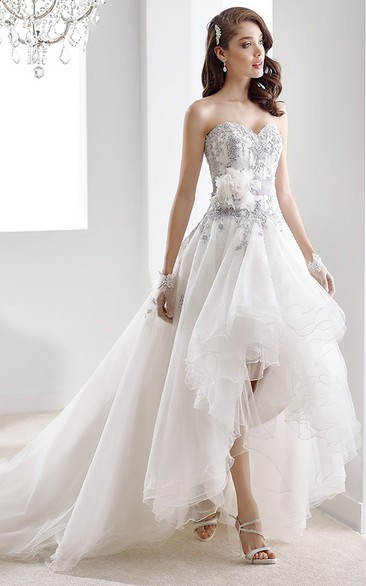 Sweetheart High-Low Beaded Gown With Ruffles And Floral Decoration