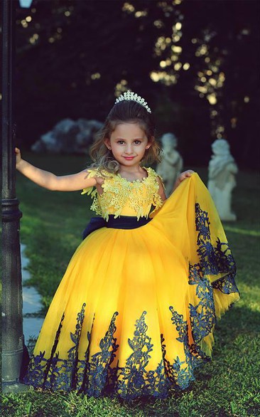 Lovely Yellow Appliques Flower Girl Dresses Floor Length Pageant Dresses
