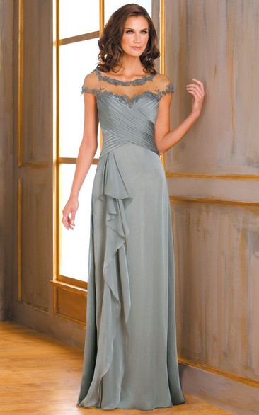 Cap-Sleeved Long Mother Of The Bride Dress With Ruffles And Illusion Appliqued Neck