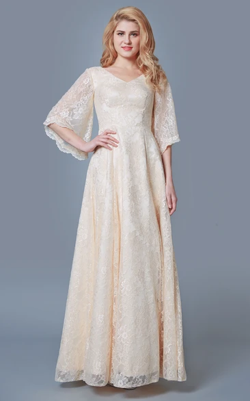Elegant Bell Sleeve A-line Long Lace Dress With V-neck