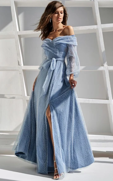 Chic Off-the-shoulder Long Sleeve Front Split Dress with Bow