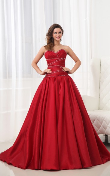 Ruby Taffeta Sweetheart A-Line Dress With Ruching and Pleating