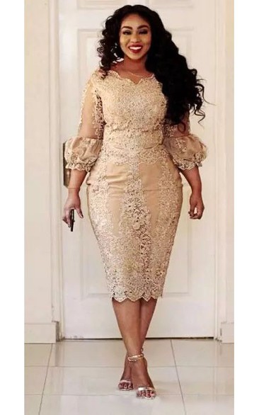 Plus Size Knee-length 3-4 Length Scalloped Lace Vintage Bodycon Sexy Sleeve Puff/Balloon Dress