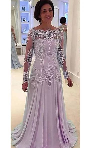 Bateau A-line Floor-length Long Sleeve Chiffon Lace Mother of the Bride Dress with Zipper Back